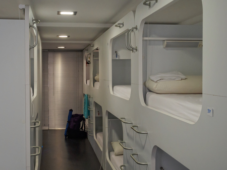 Comfortable private capsules in the dormitory of Hostel Casa Ibarrola - Pamplona, Navarre, Spain, 4 September 2014のeditorial素材