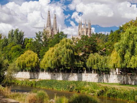 The spires of the Cathedral photographed from the promenade along the ArlanzÃ³n river - Burgos, Castile and Leon, Spainの写真素材