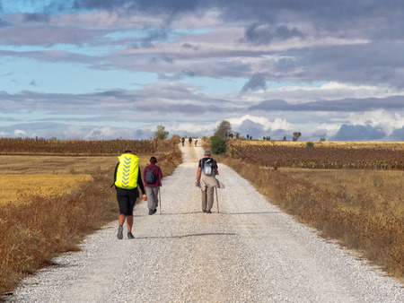 Pilgrims walk on the old Roman road known as the Via Aquitana - Calzada Romana, Castile and Leon, Spain, 17 September 2014のeditorial素材