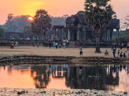 Sunset at the North Library of Angkor Wat - Siem Reap, Cambodiaのeditorial素材
