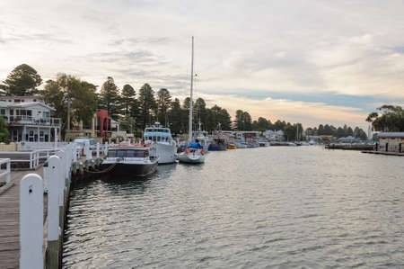 Boats moored on the Moyne River - Port Fairy, Victoria, Australiaのeditorial素材