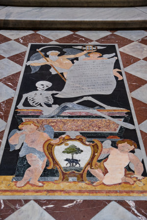 Inlaid marble mosaic floor of the Collegiate Parish Church of St. Paul's Shipwreck, Valletta, Maltaの写真素材