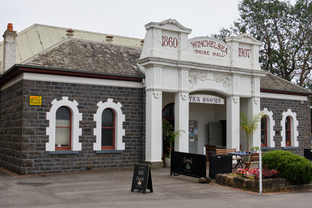 The former shire hall, now tea rooms, was built in 1867 of local volcanic basalt or bluestone - Winchelsea, Victoria, Australiaのeditorial素材