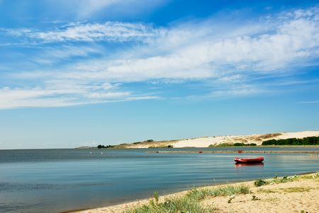Seaside grass with cumulus clouds and blue skyの写真素材