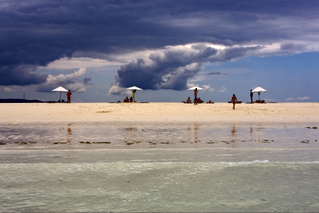 parasol people  hill lagoon and coastline in madagascar nosy beの写真素材