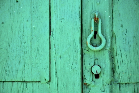 canarias brass brown knocker in a green closed wood  door  lanzarote abstract  spain 
の写真素材