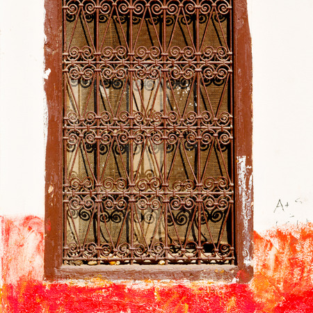 red    window in morocco africa old construction and brown wall red carpetの写真素材