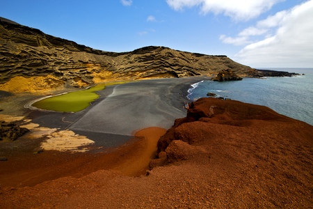 sky  water  in el golfo lanzarote spain musk pond rock stone  coastline and summerの写真素材