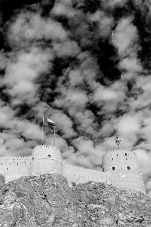 fort battlesment sky and   star brick in oman muscat the old defensiveの写真素材