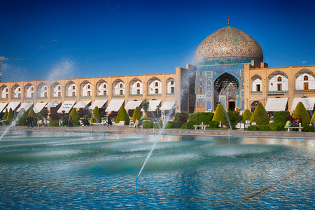 in iran old square mosque and fountain water backlightの写真素材