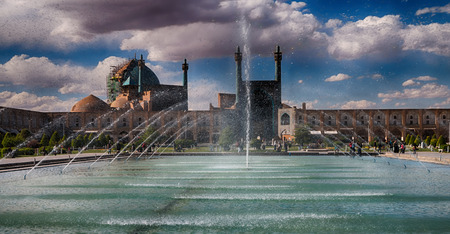 in iran old square mosque and fountain water backlightの写真素材