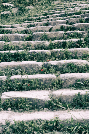 in umm quais jordan the antique abandoned stairwais with flower and grassの写真素材