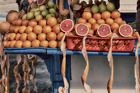 in a open market fresh fruit like orange and lemon like healty foodの写真素材
