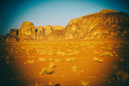 in the wadi rum desert of jordan  sand and mountain  adventure destinationの写真素材