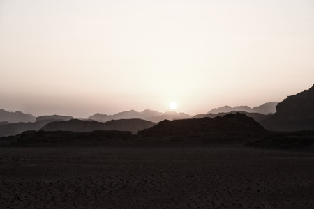 The sunrise panoramic scene and light in the Wadi Rum desertの写真素材