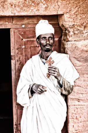  ETHIOPIA,LALIBELA-CIRCA  JANUARY 2018--unidentified priest praying  in the genna celebrationのeditorial素材