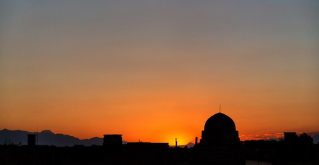 in iran  yazd  the antique mosque in the   sunrise skyの写真素材