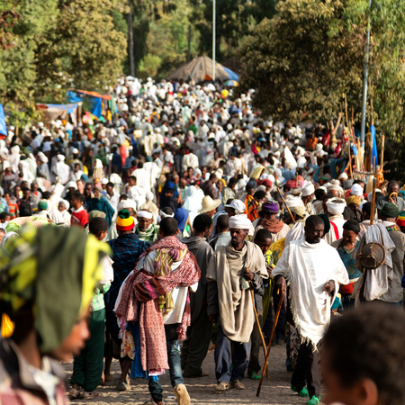 ETHIOPIA,LALIBELA-CIRCA  JANUARY 2018--unidentified people in crowd of  the genna celebrationのeditorial素材