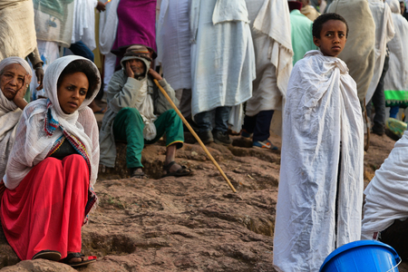 ETHIOPIA,LALIBELA-CIRCA  JANUARY 2018--unidentified people in  crowd of the genna celebrationのeditorial素材