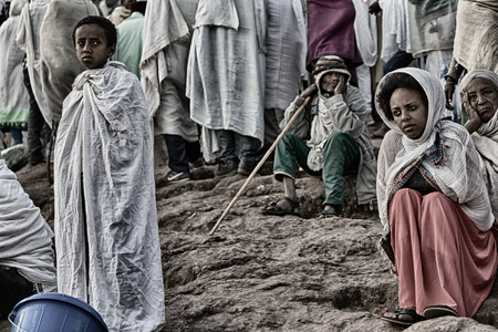 ETHIOPIA,LALIBELA-CIRCA  JANUARY 2018--unidentified people in  crowd of the genna celebrationのeditorial素材