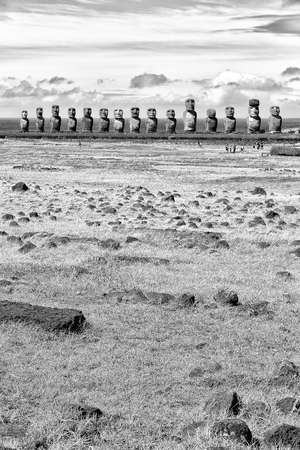 in chile rapa nui the antique and mysteriuos muai statue symbol of an  ancien cultureの写真素材