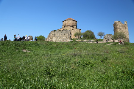 GEORGIA, MTSKHETA-CIRCA MAY 2019--unidentified people near the antique chatedral