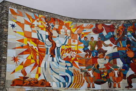 GEORGIA, KAZBEGI-CIRCA MAY 2019--unidentified people near the monumentのeditorial素材