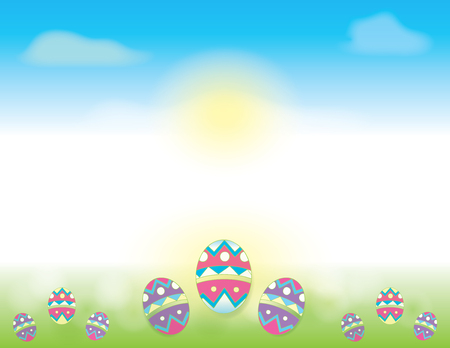 Easter Background with Blue Skies and Easter Eggs decorated in the green grassのイラスト素材
