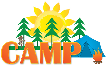 Camp Logo with Trees, Sun, Fire, and Tentのイラスト素材