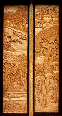 Traditional thai style art at temple door.の写真素材