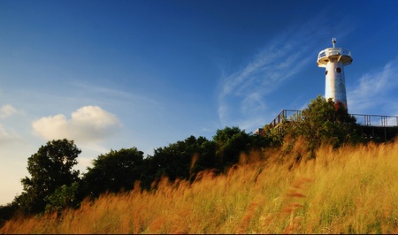 lighthouse at sunrise with grass field foregroundの写真素材