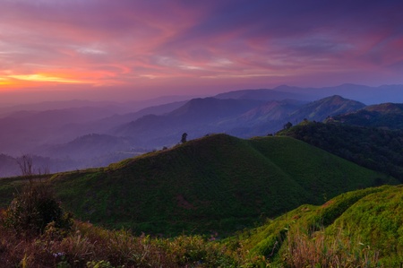 Landscape of sunrise over mountains in Kanchanaburi,Thailandの写真素材