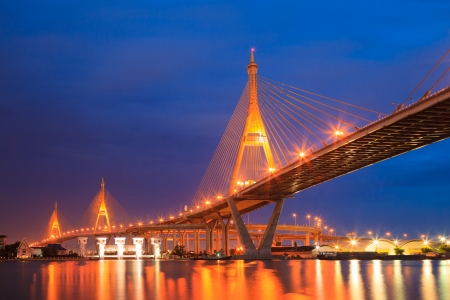 Bhumibol Mega Bridge  Industrial Ring Mega Bridge  at night, Bangkok, Thailandの写真素材