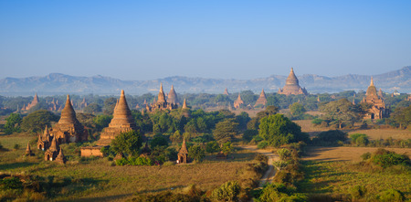 Panorama the  Temples of bagan at sunrise, Bagan Pagan , Myanmarの写真素材