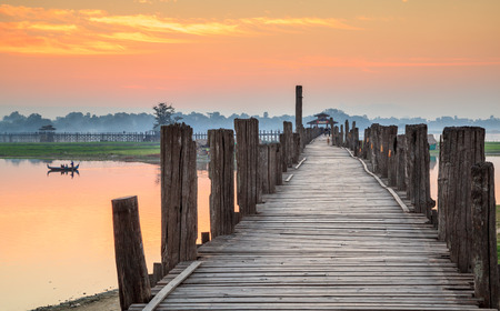 Ubein Bridge at sunrise, Mandalay, Myanmarの写真素材
