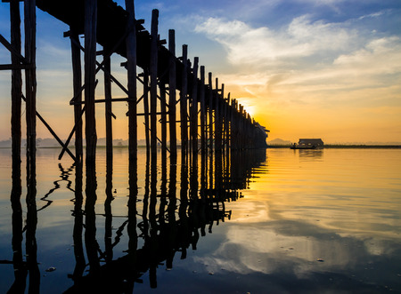 Ubein Bridge at sunrise, Mandalay, Myanmarの写真素材