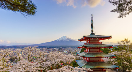 Mt. Fuji with Chureito Pagoda in Spring, Fujiyoshida, Japanのeditorial素材