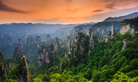 Zhangjiajie National forest park at sunset, Wulingyuan, Hunan, Chinaの写真素材