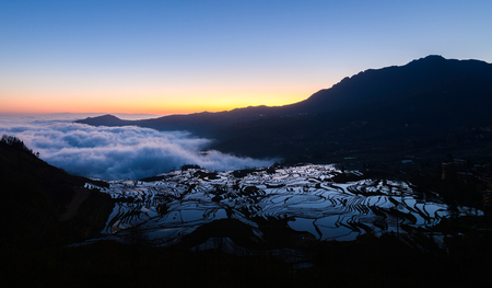 Yuanyang rice terrace at sunrise, Yunnan, Chinaの写真素材