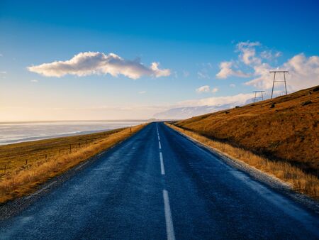 Curve raod to the mountain with motion blur, Icelandの写真素材