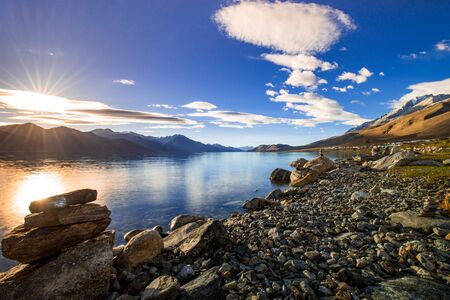Pangong tso Lake at sunrise, Ladakh, Jammu and Kashmir, Indiaの写真素材