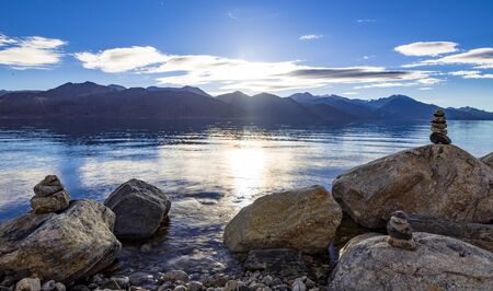 Pangong tso Lake at sunrise, Ladakh, Jammu and Kashmir, Indiaの写真素材