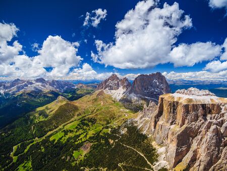 Aerial view of Sass Pordoi Mountain, Dolomites, Italyの写真素材