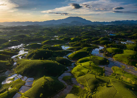 Aerial view of beatiful sunset at Long Coc tea hill, Phu Tho province, Vietnamの写真素材