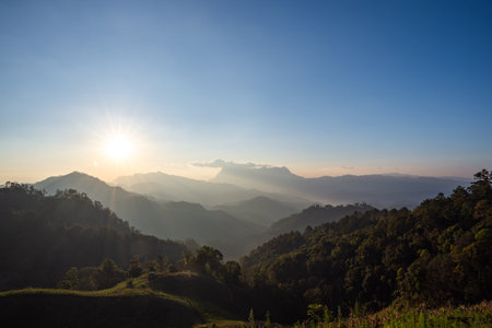Sunrise over mountain range, Hadubi viewpoint, Chiang Mai, Thailandの写真素材