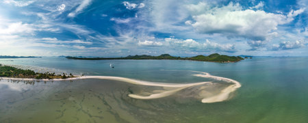 Aerial panorama drone shot of Lam Haed beach peninsula, Koh Yao Yai island, Phang nga, Thailand