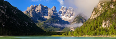 Panorama of Lago di Landro Lake in the Dolomites, South Tyrol, Italy, Europeの写真素材