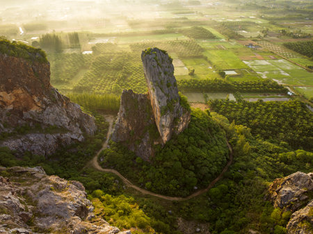 Aerial view of Khao Kuha mountain hill at sunrise, Songkhlaの写真素材