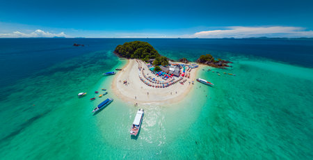 Koh Khai island panorama, Aerial drone view beautiful coral reefs and white sand beach, Phuket,...
