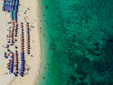 Koh Khai island, Aerial top view from drone, beautiful coral reefs and white sand beach, Phuket,...